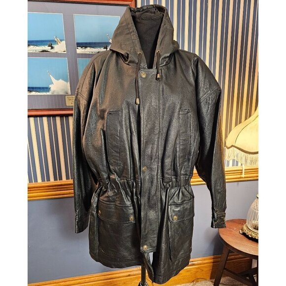 Vintage Comint Black Heavyweight Polyfill Hooded Leather Coat Drawstring Waist L - Picture 1 of 8